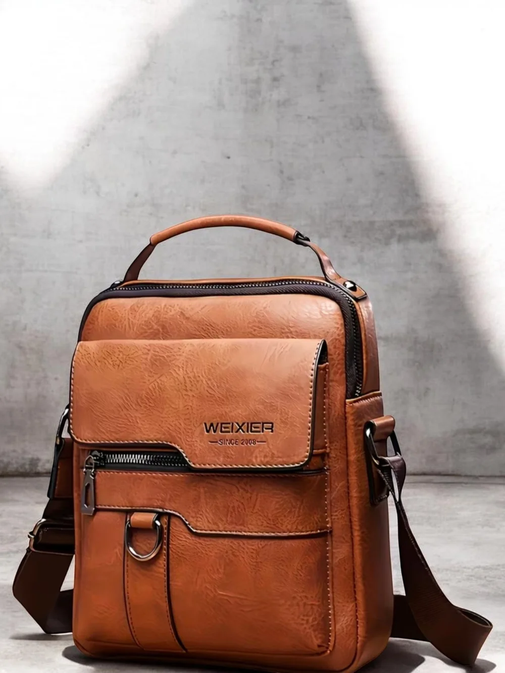 Men's Genuine Leather Light Brown Vintage Diagonal Backpack
